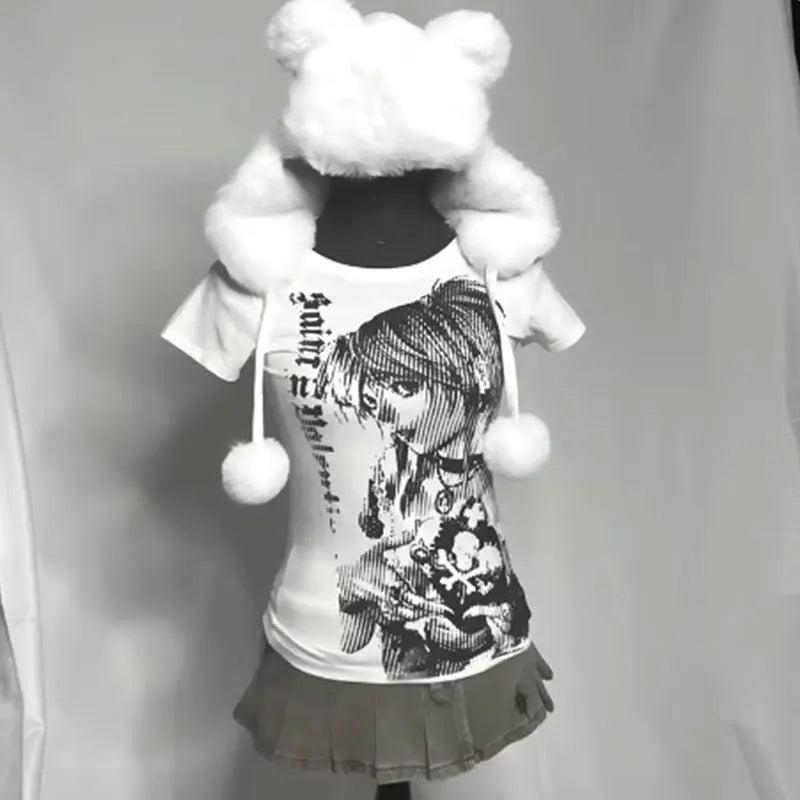 Anime-Inspired Vintage Crop T-Shirt - Y2K Aesthetic Streetwear for Women