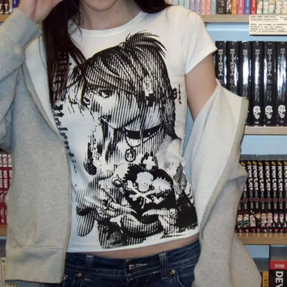 Anime-Inspired Vintage Crop T-Shirt - Y2K Aesthetic Streetwear for Women