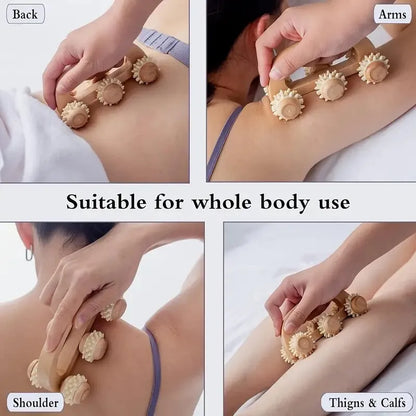 Ergonomic Wooden Massage Roller with Silicone Spikes - Full Body Deep Tissue Massager
