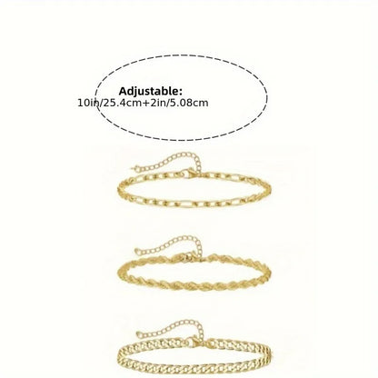 Elegant Snake Chain Anklet Set - 3-Piece Adjustable Anklets in Gold and Silver
