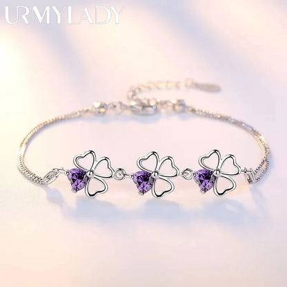 Sparkling Clover Bracelet - 925 Sterling Silver with Purple Crystal Accent