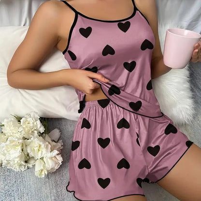 Charming Heart Print Pajama Set - Spaghetti Strap Women's Sleepwear