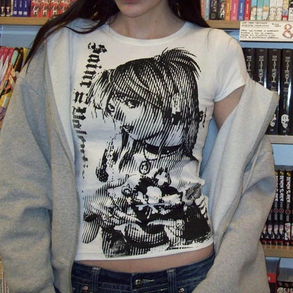 Anime-Inspired Vintage Crop T-Shirt - Y2K Aesthetic Streetwear for Women