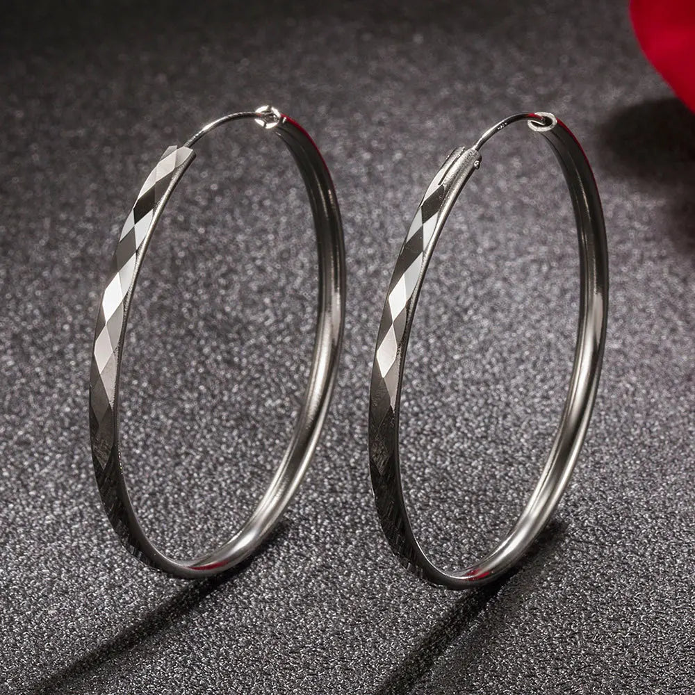 Kaleidoscope Texture Sterling Silver Hoop Earrings - Intricate Embossed Detail