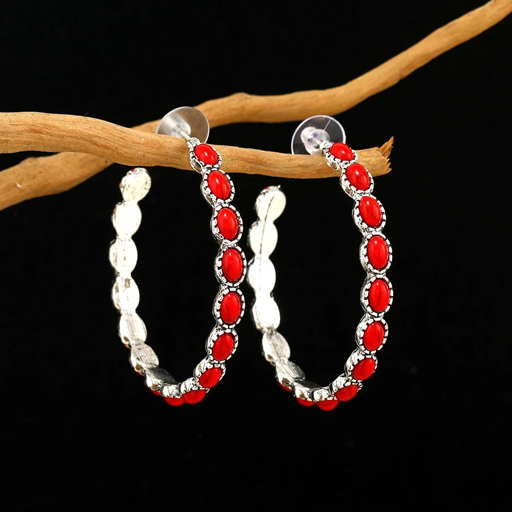 Western Bohemian C-Shaped Hoop Earrings - Vintage-Inspired Simulated Turquoise Jewelry