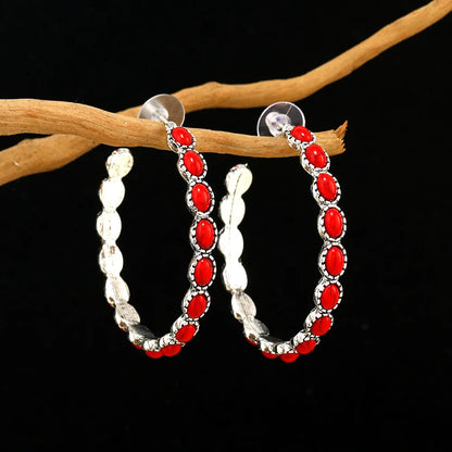 Western Bohemian C-Shaped Hoop Earrings - Vintage-Inspired Simulated Turquoise Jewelry