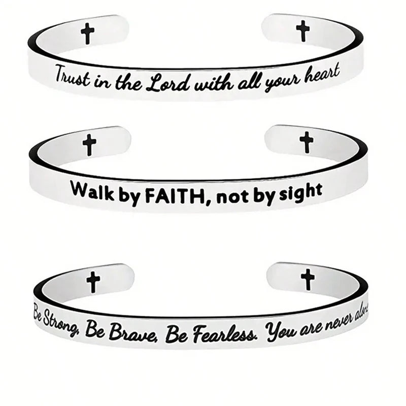 Scripture Cuff Bracelet - Stainless Steel Inspirational Cross Bangle