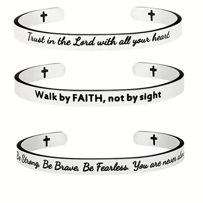 Scripture Cuff Bracelet - Stainless Steel Inspirational Cross Bangle