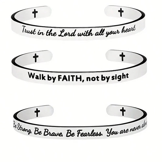 Scripture Cuff Bracelet - Stainless Steel Inspirational Cross Bangle