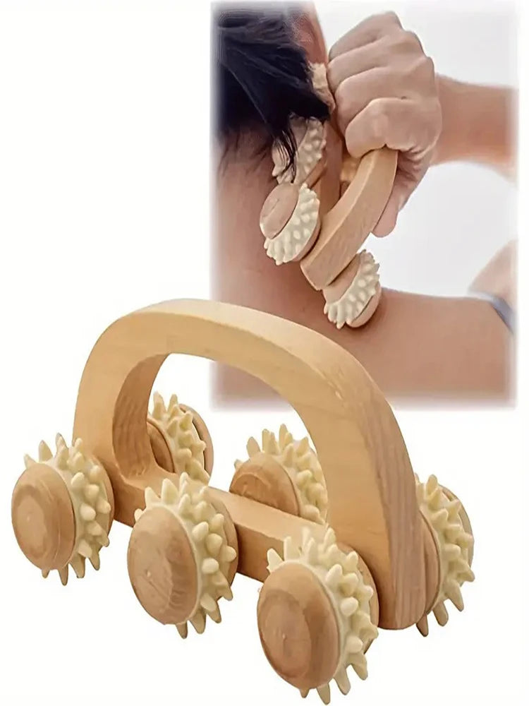 Ergonomic Wooden Massage Roller with Silicone Spikes - Full Body Deep Tissue Massager