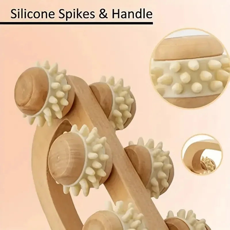 Ergonomic Wooden Massage Roller with Silicone Spikes - Full Body Deep Tissue Massager