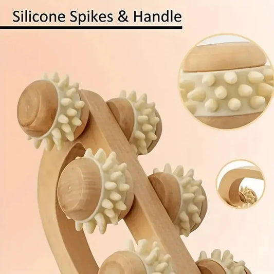 Ergonomic Wooden Massage Roller with Silicone Spikes - Full Body Deep Tissue Massager