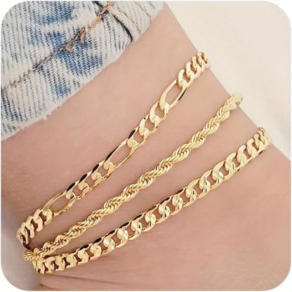 Elegant Snake Chain Anklet Set - 3-Piece Adjustable Anklets in Gold and Silver