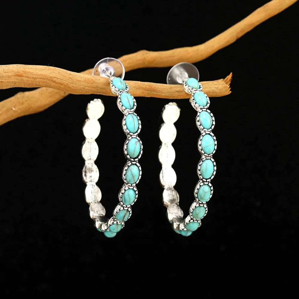 Western Bohemian C-Shaped Hoop Earrings - Vintage-Inspired Simulated Turquoise Jewelry