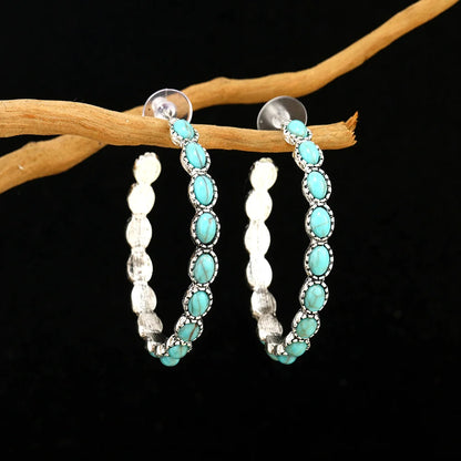 Western Bohemian C-Shaped Hoop Earrings - Vintage-Inspired Simulated Turquoise Jewelry