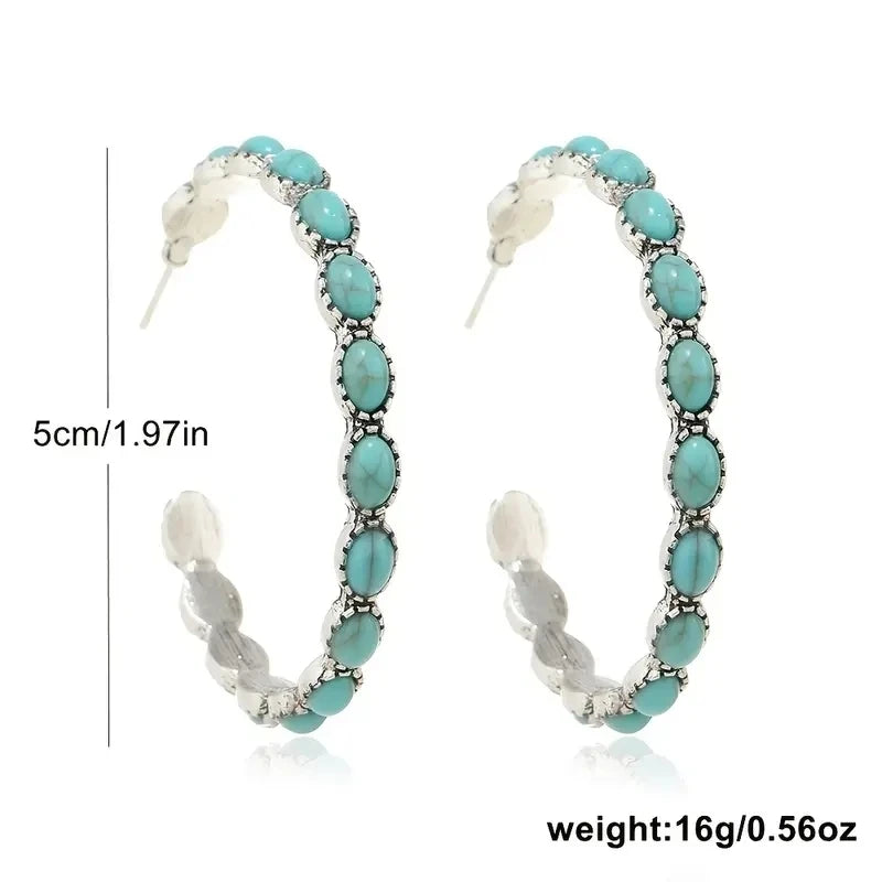 Western Bohemian C-Shaped Hoop Earrings - Vintage-Inspired Simulated Turquoise Jewelry