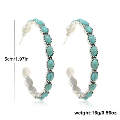Western Bohemian C-Shaped Hoop Earrings - Vintage-Inspired Simulated Turquoise Jewelry