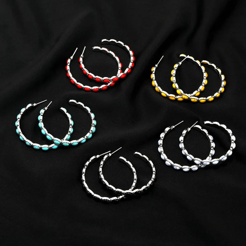 Western Bohemian C-Shaped Hoop Earrings - Vintage-Inspired Simulated Turquoise Jewelry
