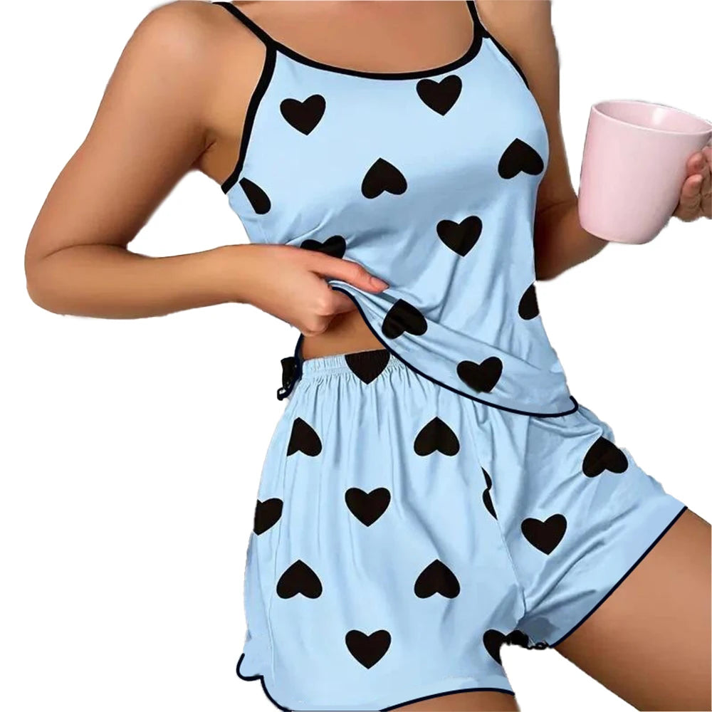 Charming Heart Print Pajama Set - Spaghetti Strap Women's Sleepwear