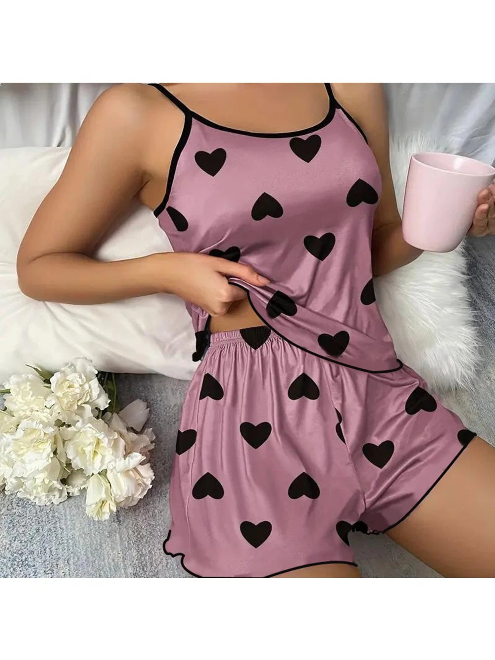 Charming Heart Print Pajama Set - Spaghetti Strap Women's Sleepwear