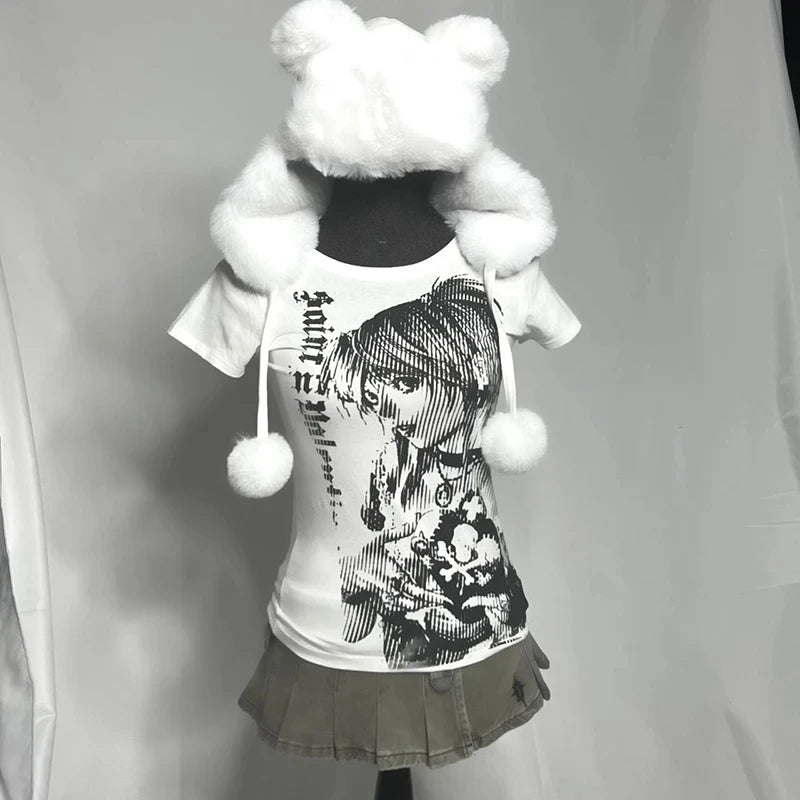 Anime-Inspired Vintage Crop T-Shirt - Y2K Aesthetic Streetwear for Women