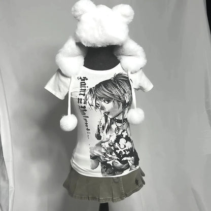Anime-Inspired Vintage Crop T-Shirt - Y2K Aesthetic Streetwear for Women