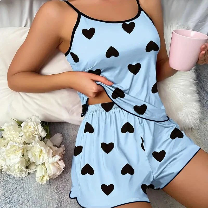 Charming Heart Print Pajama Set - Spaghetti Strap Women's Sleepwear