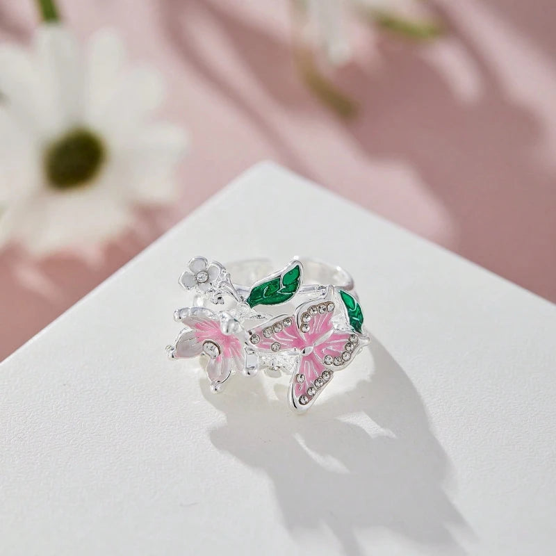 Whimsical Floral Butterfly Ring - Adjustable Rhinestone Statement Jewelry for Women