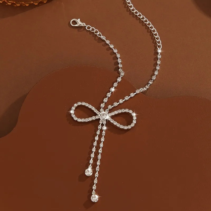 Sparkling Ribbon Tassel Anklet - Elegant Cubic Zirconia Jewelry for Women