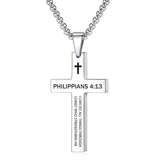 Christian Bible Verse Cross Pendant Necklace - Stainless Steel Scripture Jewelry