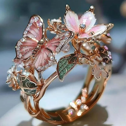 Whimsical Floral Butterfly Ring - Adjustable Rhinestone Statement Jewelry for Women