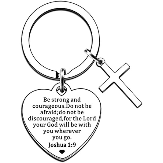 Be Strong and Courageous Inspirational Keychain - Heart Pendant with Cross Charm