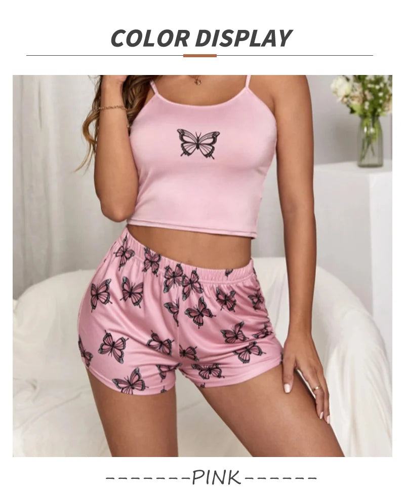 Butterfly Print Cami Pajama Set - Stylish and Comfy Sleepwear for Women