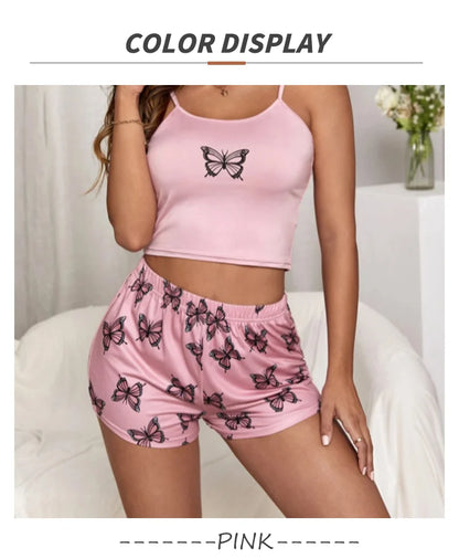 Butterfly Print Cami Pajama Set - Stylish and Comfy Sleepwear for Women