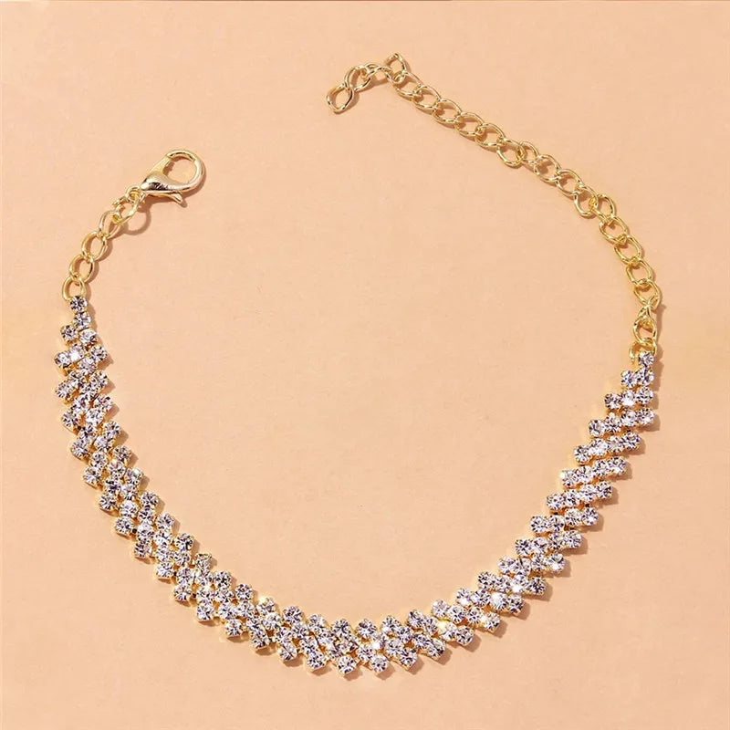 Elegant Cubic Zirconium Chain Anklet - Dazzling Silver & Gold Fashion Jewelry